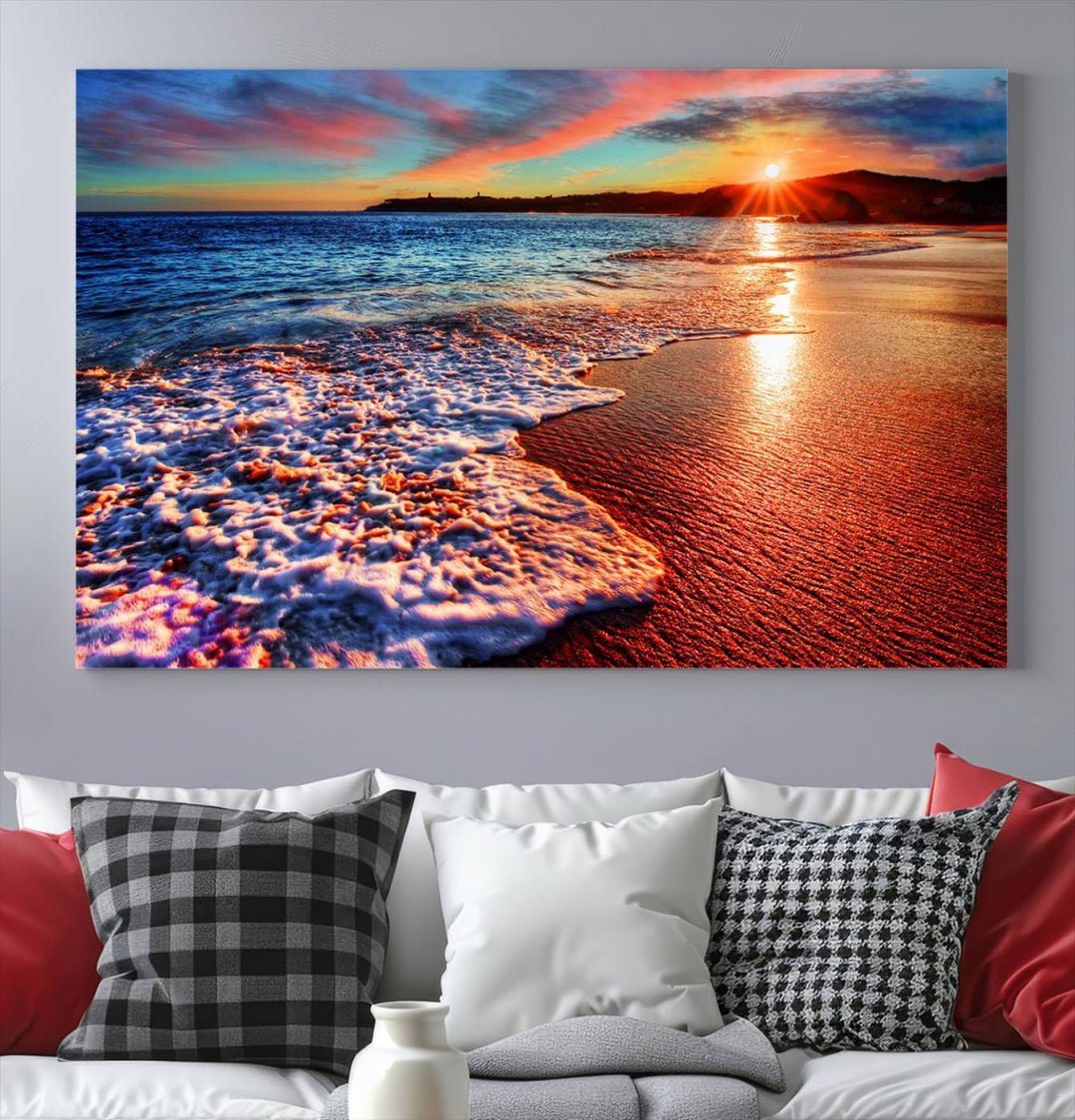 The Colorful Coastal Sunset on the Beach canvas print portrays ocean waves at dusk.