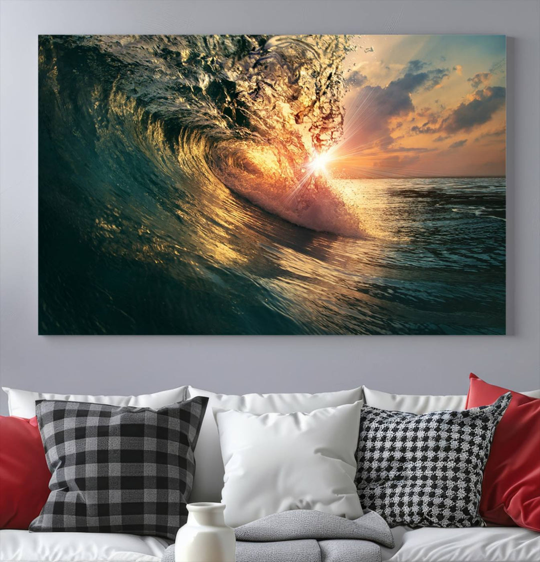 A triptych seascape titled Ocean Wave Sunset Canvas, featuring a stunning ocean view at sunset, is beautifully framed and ready to hang.