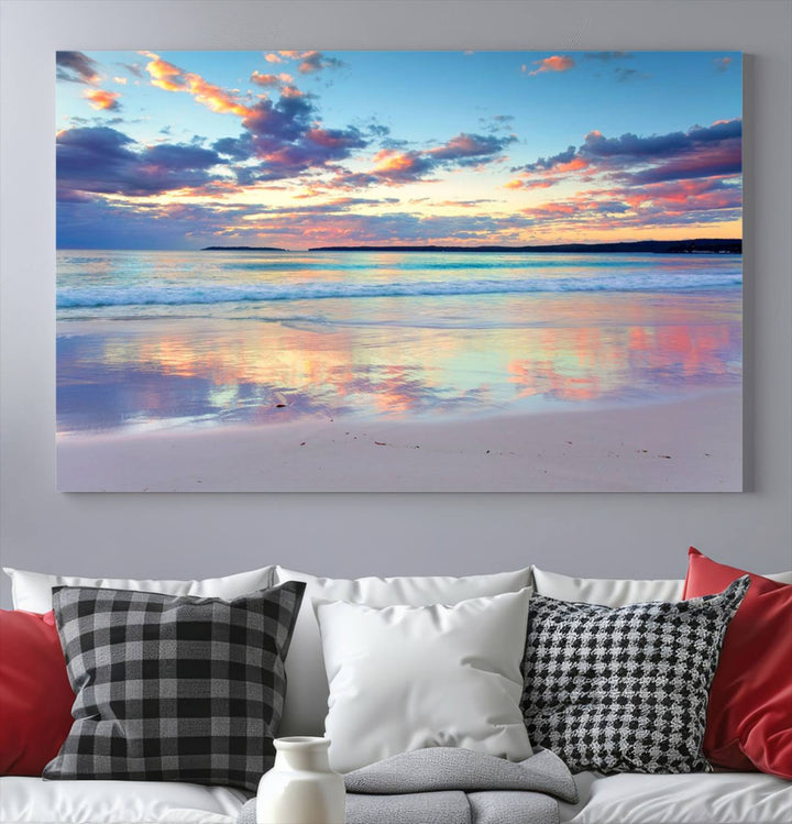 Tranquil Pastel Sunset Beach Triptych Canvas Art, Soothing Coastal Ocean Shoreline Giclee Print, Beach Reflections Wall Decor for Serene Spaces