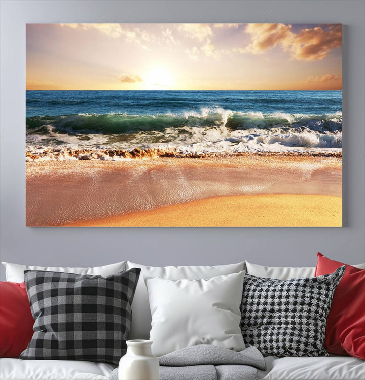 The wall features a Canon-quality Serene Beach Path canvas giclee print, depicting coastal dunes.