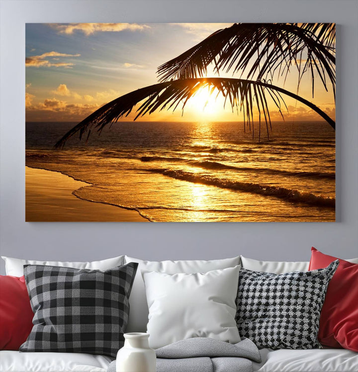 Golden Tropical Beach Sunset Canvas Triptych: Coastal Palm Art & Giclee Print with Gallery Wrap, capturing golden waves.