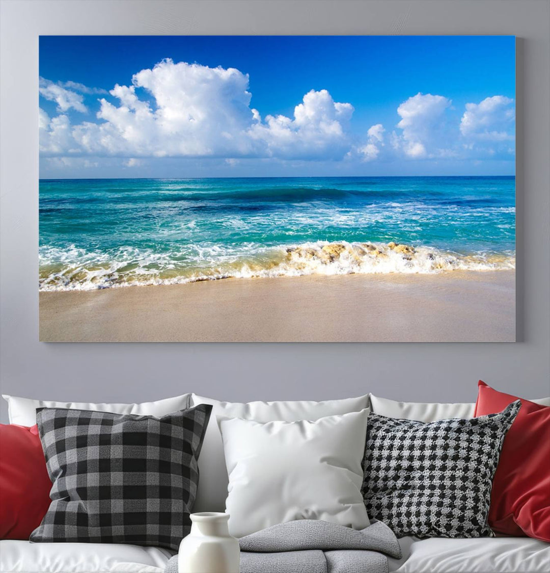 Tropical Beach 3-Panel Canvas Wall Art – Serene Ocean Waves and Blue Sky – Giclée Print for Living Room, Office, or Bedroom Coastal Decor