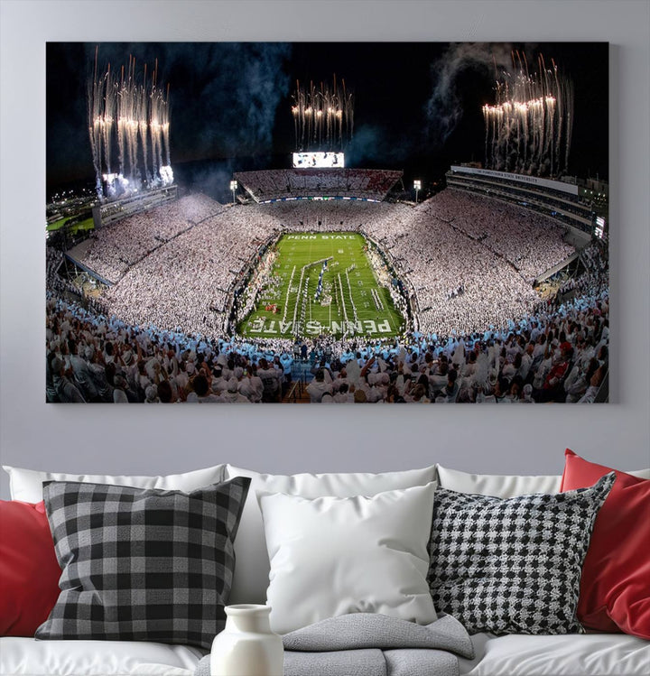 The perfect Penn State Football canvas wall art features a depiction of Beaver Stadium filled with fans in white, with fireworks exploding above.