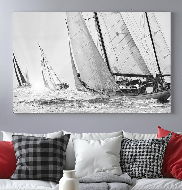 Yacht Sailboat Regatta canvas print on a textured wooden wall.