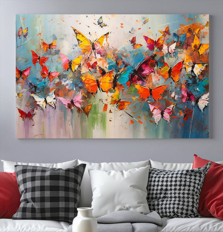 The Abstract Butterfly Wall Art Canvas Print hangs prominently, adding a touch of elegance and creativity to the room.