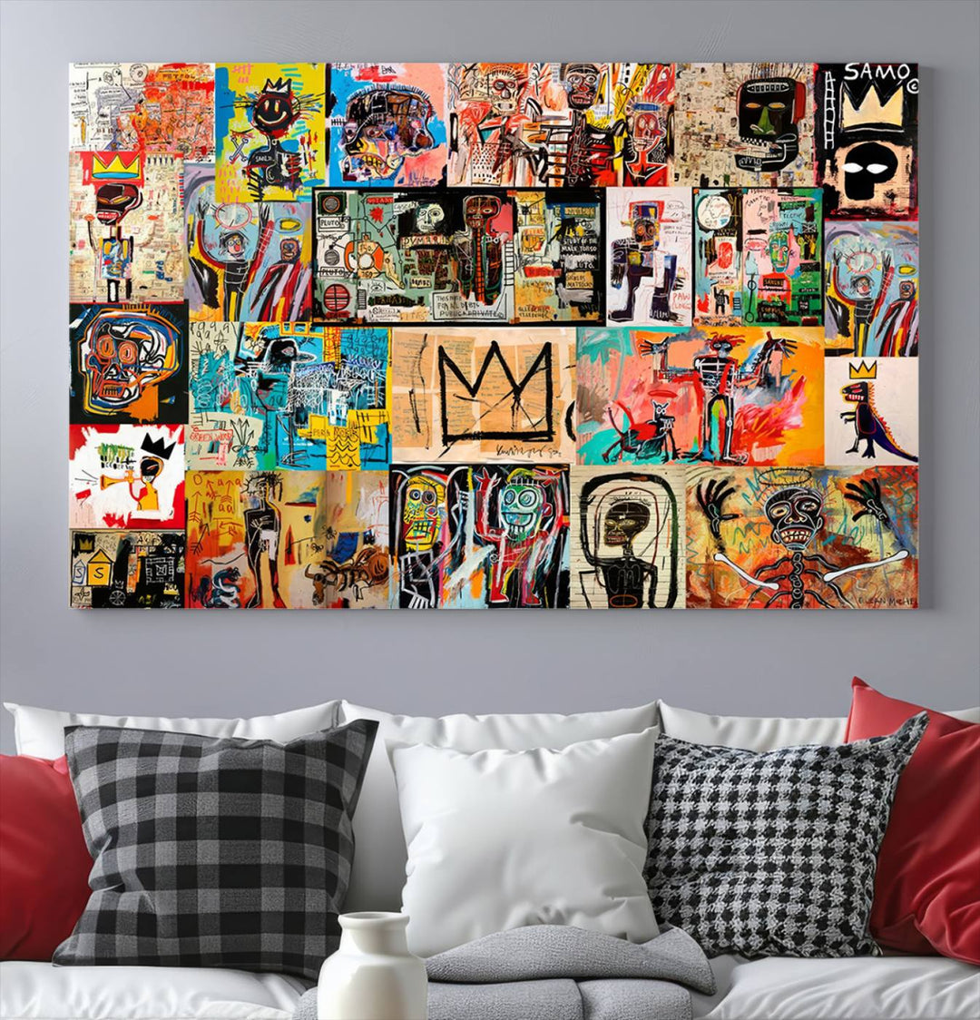 A Basquiat graffiti-style collage adorns the wall.