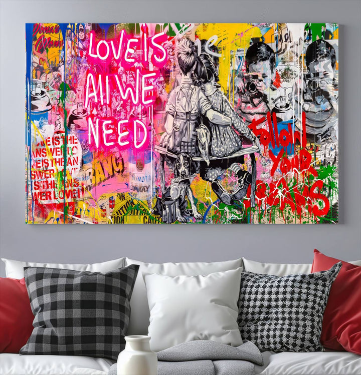 A vibrant and dynamic triptych features distorted horizontal lines, resembling graffiti street art. This artwork conveys the themes of "Follow Your Dreams" and "Love is All We Need" across three colorful panels.