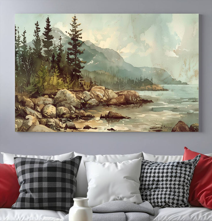 Framed Abstract Acadia National Park wall art, depicting a rocky coastline with trees and mountains, ready to hang.