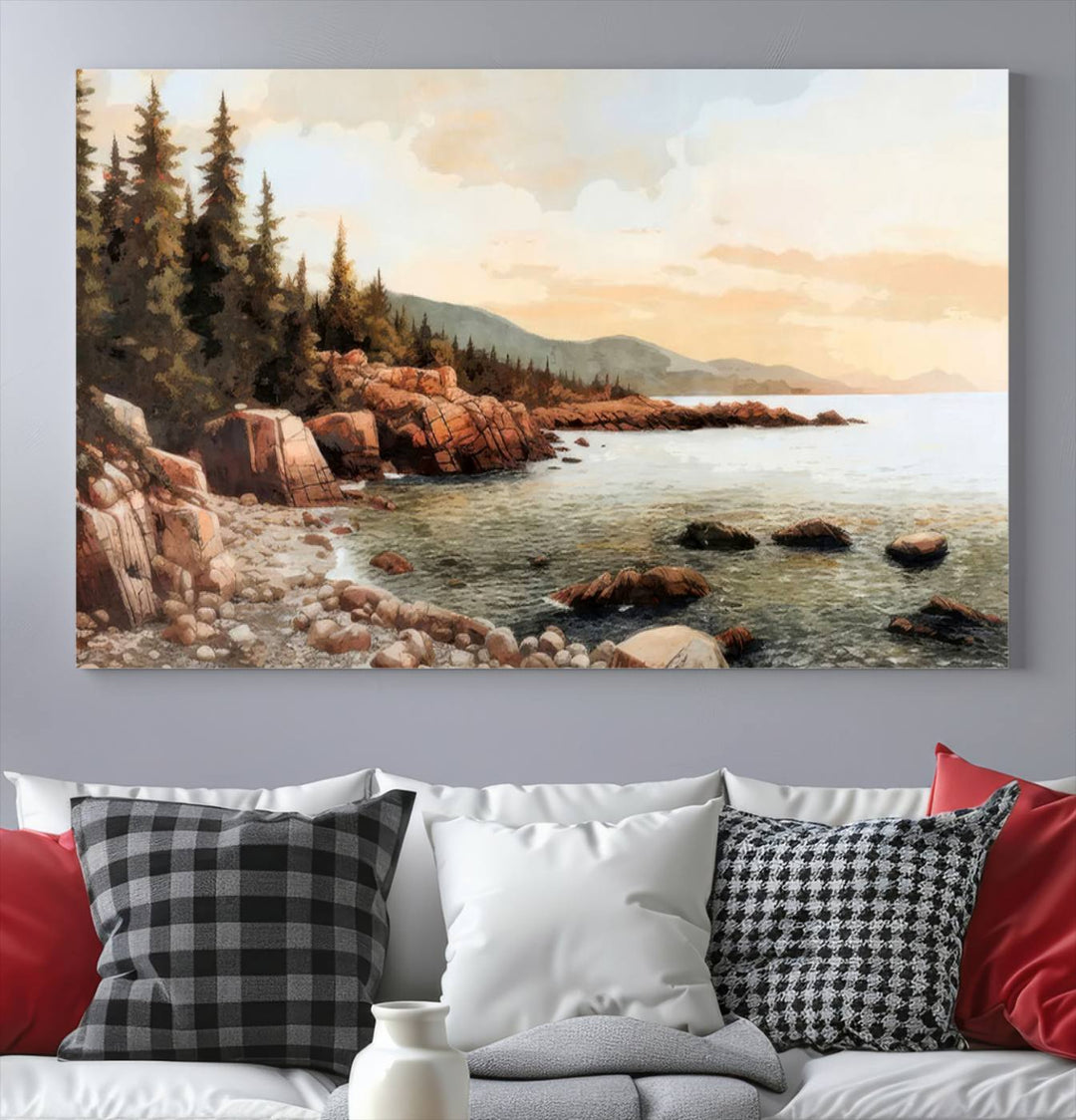 The Serene Coastal View of Acadia National Park 3-panel canvas, framed and ready to hang, adorns the wall.