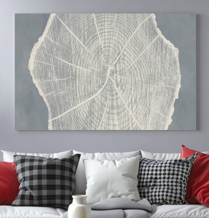 A gray wall displays the Abstract Tree Ring Wall Art print.