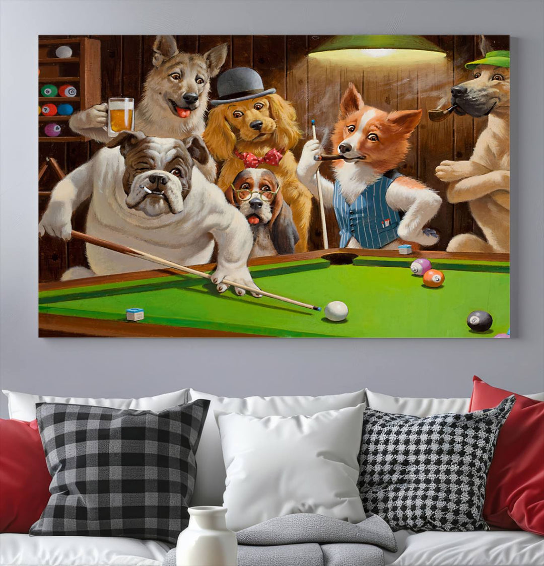 Dogs Playing Pool Canvas Wall Art: This artwork depicts a room where dogs are engaged in a game of pool. One dog is poised to cue while others observe the scene.