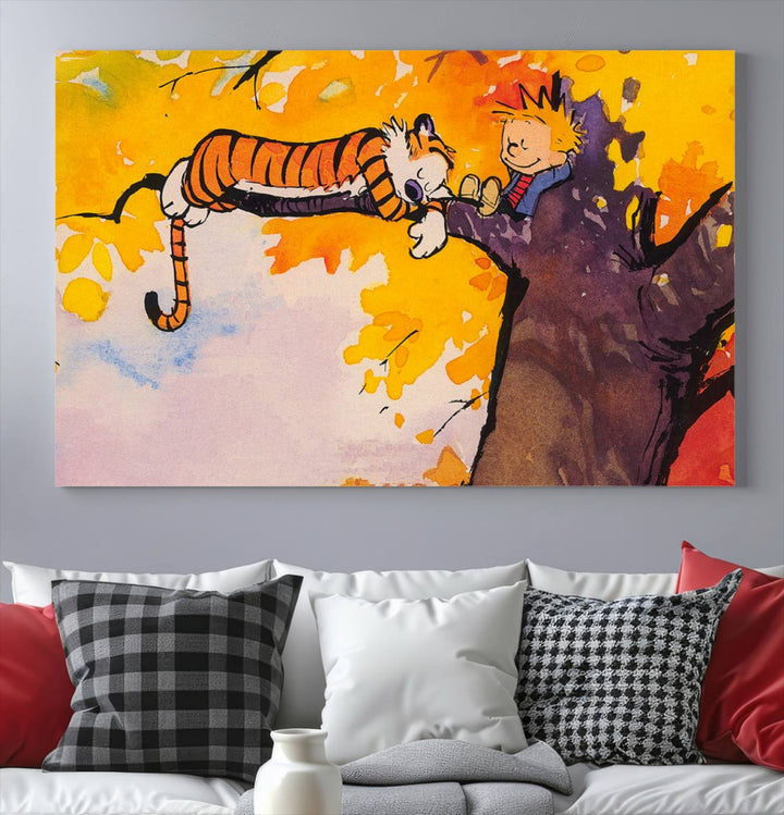 Premium canvas Calvin Wall Arts featuring a boy and tiger relaxing on a branch.