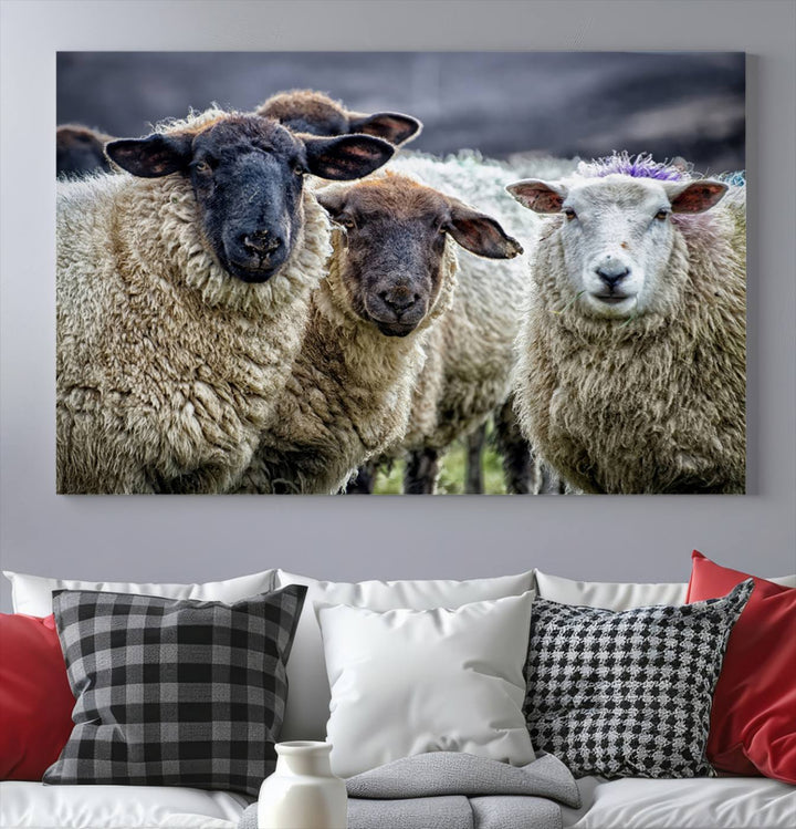 The Charming Sheep Portrait Wall Art hangs on a wooden wall.