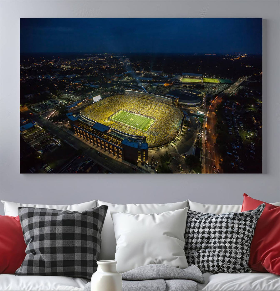 Aerial view of Michigan Stadium nightlife on canvas – Framed, ready-to-hang sports arena wall art.