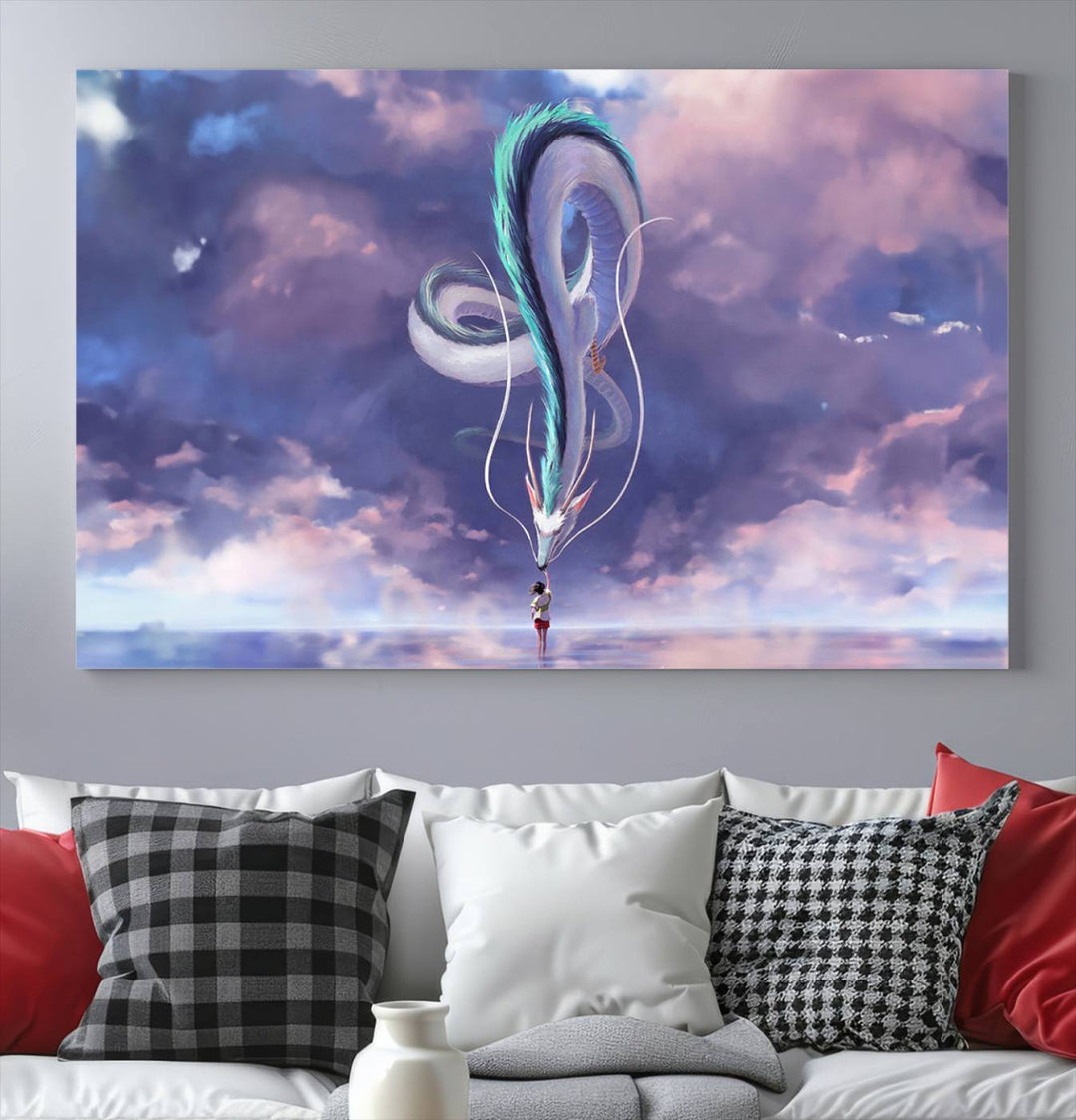 The Spirited Away Haku and Chihiro poster captures a cherished scene for anime lovers under a colorful, cloudy sky.