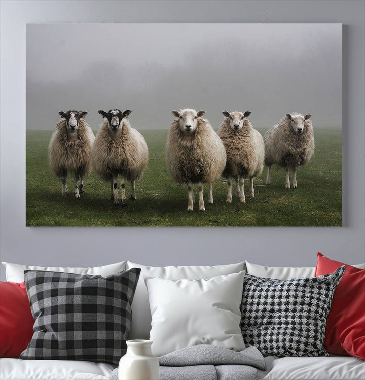 The Flock of Sheep in a Mystical Fog canvas print is framed and ready to hang.