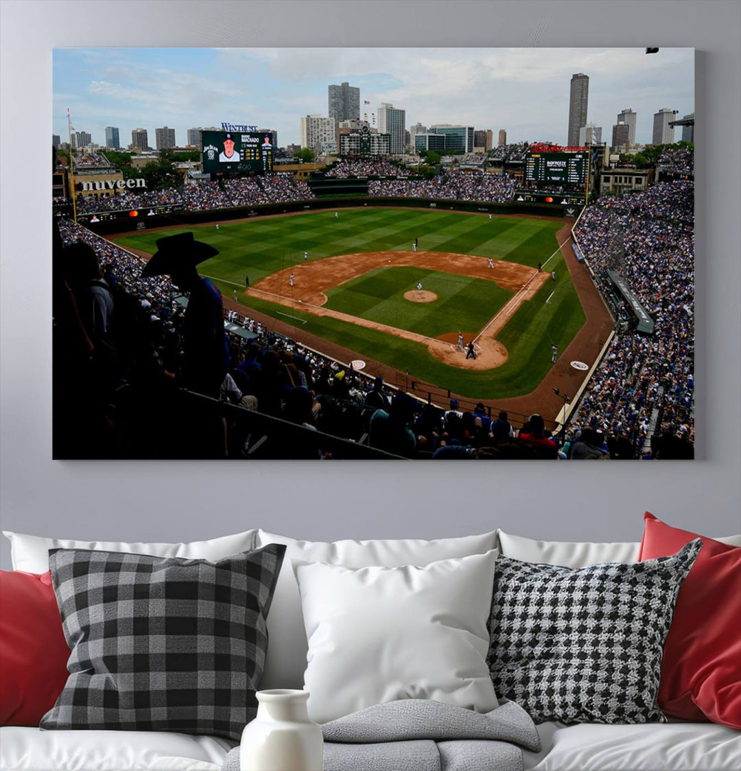 Admire this museum-quality canvas print of a Chicago Cubs game with a cityscape view from the stands at Wrigley Field.