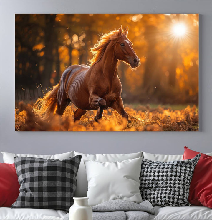 The Running Horse Sunset Forest Wall Art Canvas Print showcases a gallop in an autumn forest with sunlight streaming through the trees.