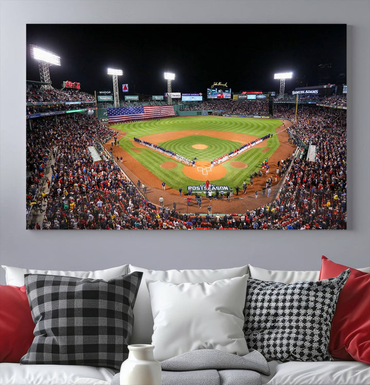 The Fenway Park Wall Art Canvas Print showcases a stunning aerial view of Bostons iconic ballpark at night, making it an ideal piece for any Red Sox enthusiast.