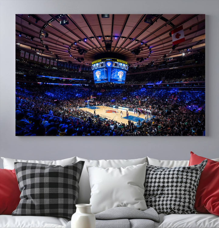 A print depicting an NBA game at Madison Square Garden, highlighting the scoreboard.