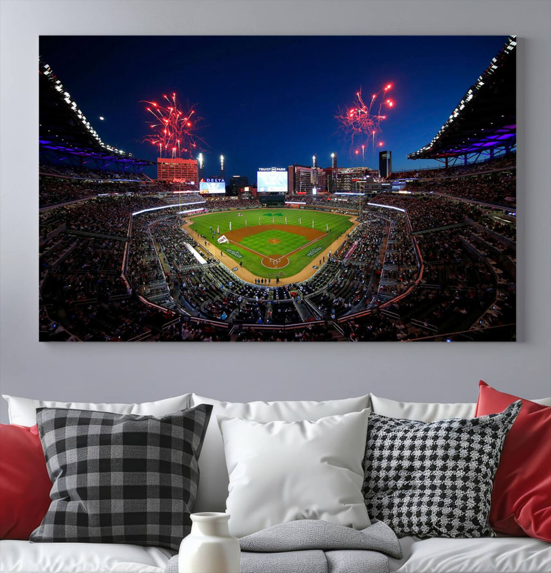 Truist Park wall art: fireworks over a Braves crowd, a large 3-panel canvas, framed and ready-to-hang.