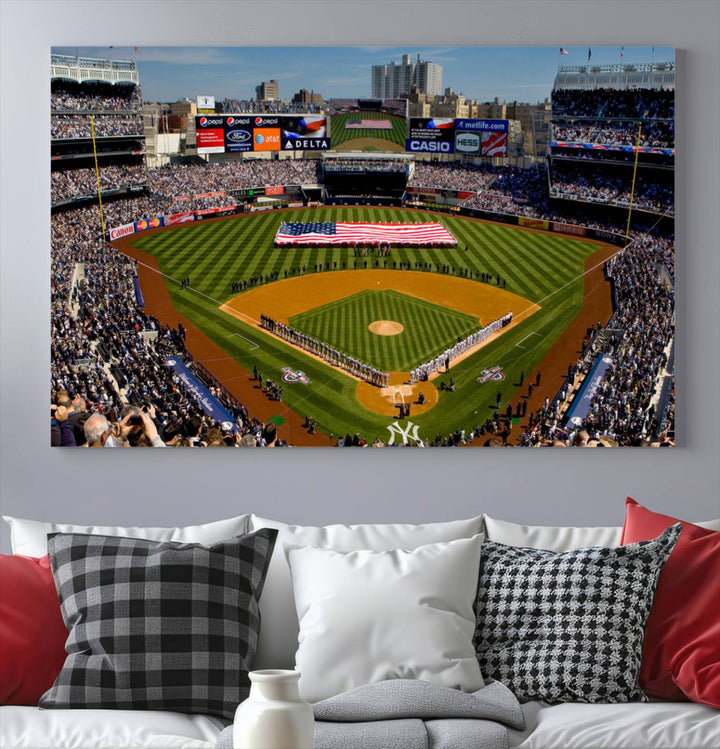 The Yankee Stadium New York wall art print features a vibrant scene of baseball fans with a large flag and players, expertly capturing the spirit of the game. This ready-to-hang décor is perfect for adding a dynamic touch to any space.