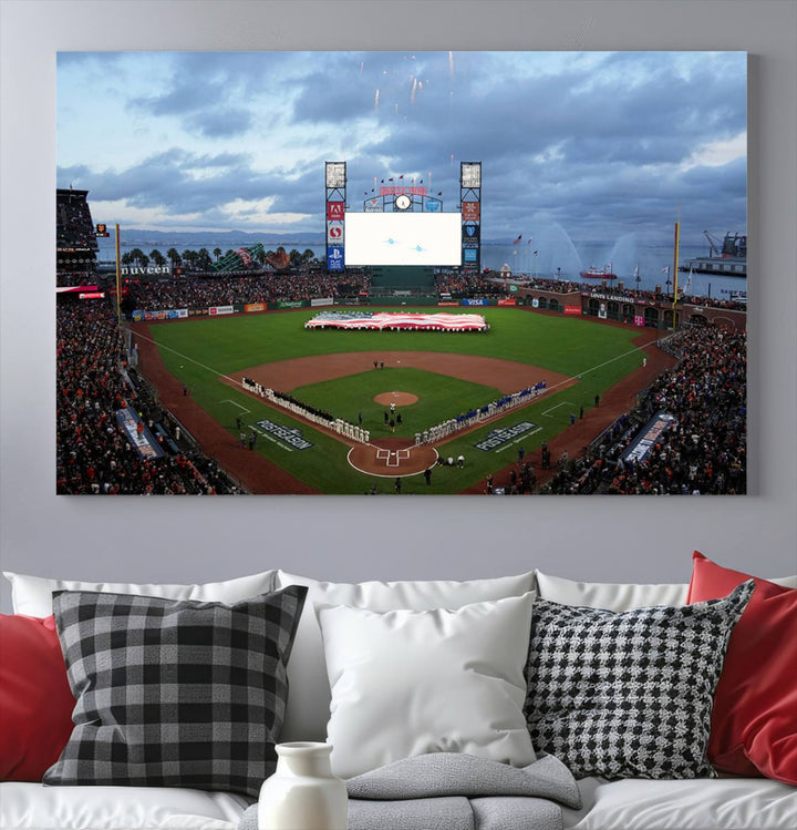 This framed 3-panel canvas MLB wall art features a giant flag and fans under a cloudy sky at Oracle Park.