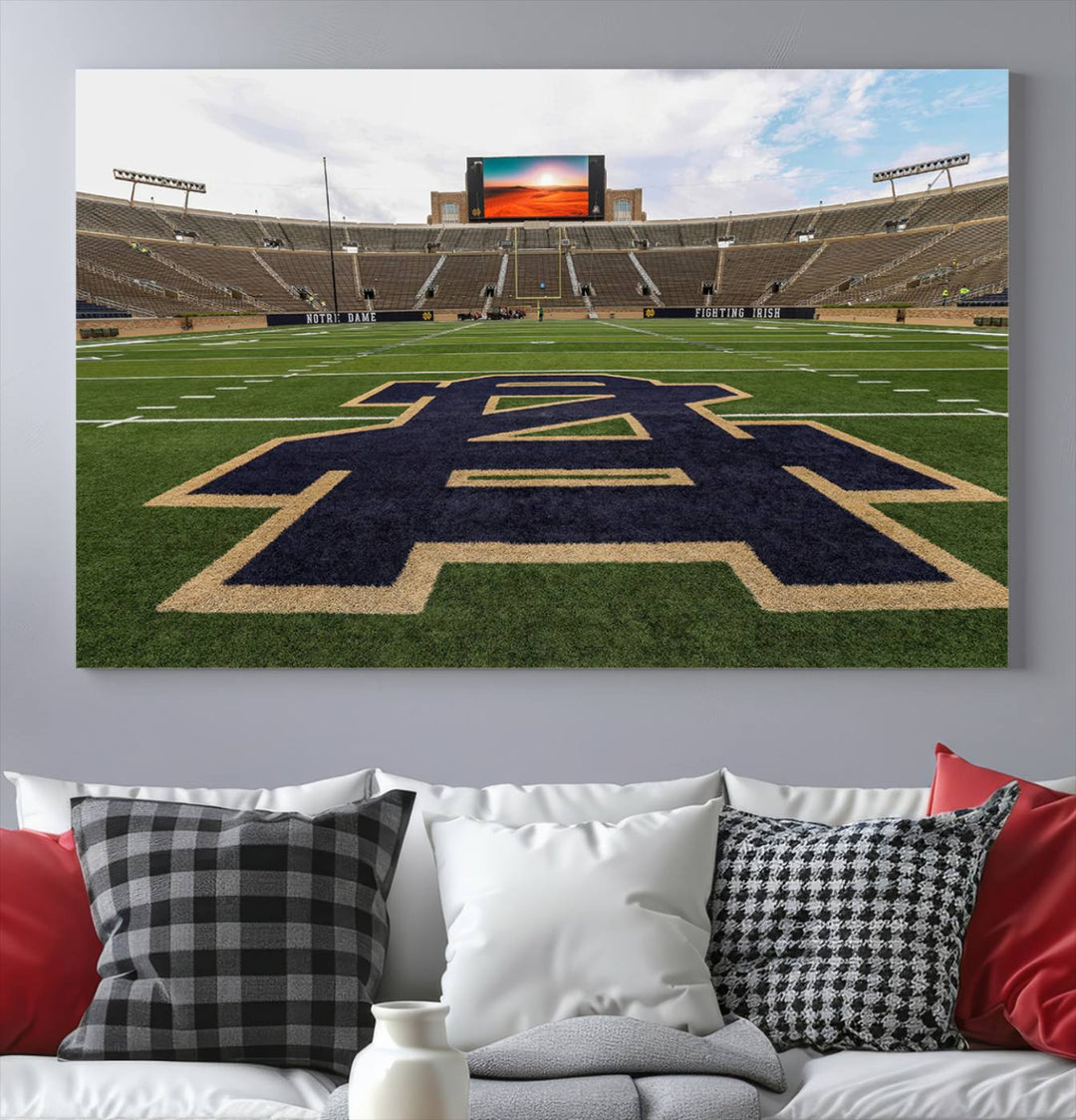 Notre Dame Stadium Triptych: This ready-to-hang giclee canvas print features a vibrant depiction of the football field adorned with an A logo and a stunning sunset.