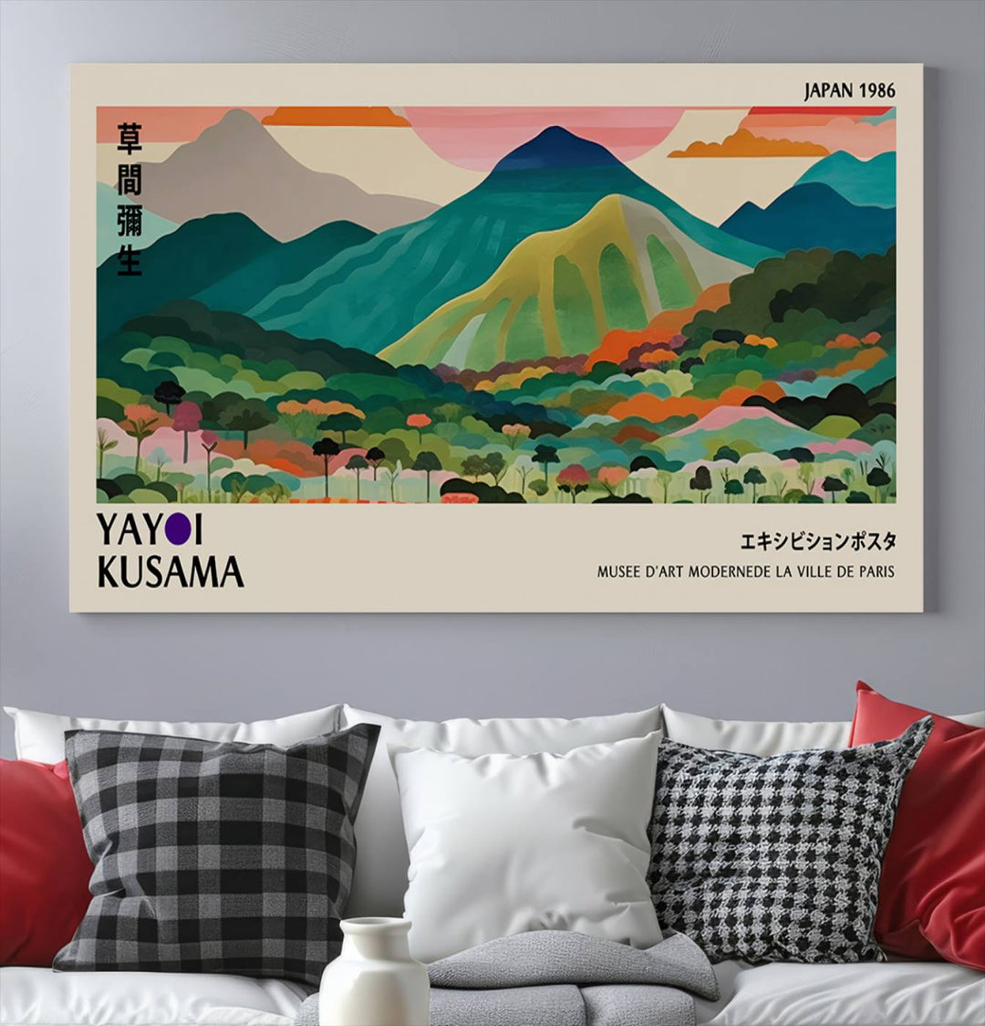 Vibrant Kusama landscape canvas featuring floral mountains and botanical decor, ideal for a modern home.