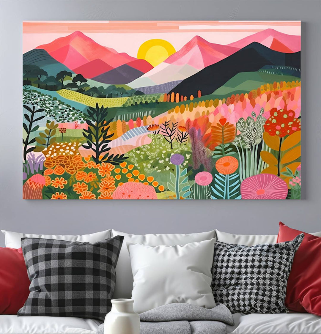 Vibrant abstract landscape canvas: Yayoi Kusama 1986 wall art print featuring mountains, sun, and flowers. Ready-to-hang.