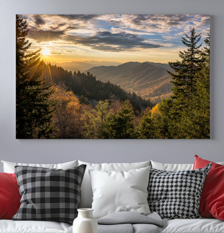 The dining area is beautifully decorated with the Sunrise Over the Smoky Mountains Canvas Wall Art – a breathtaking scenic landscape photography in a stunning triptych that's ready to hang.