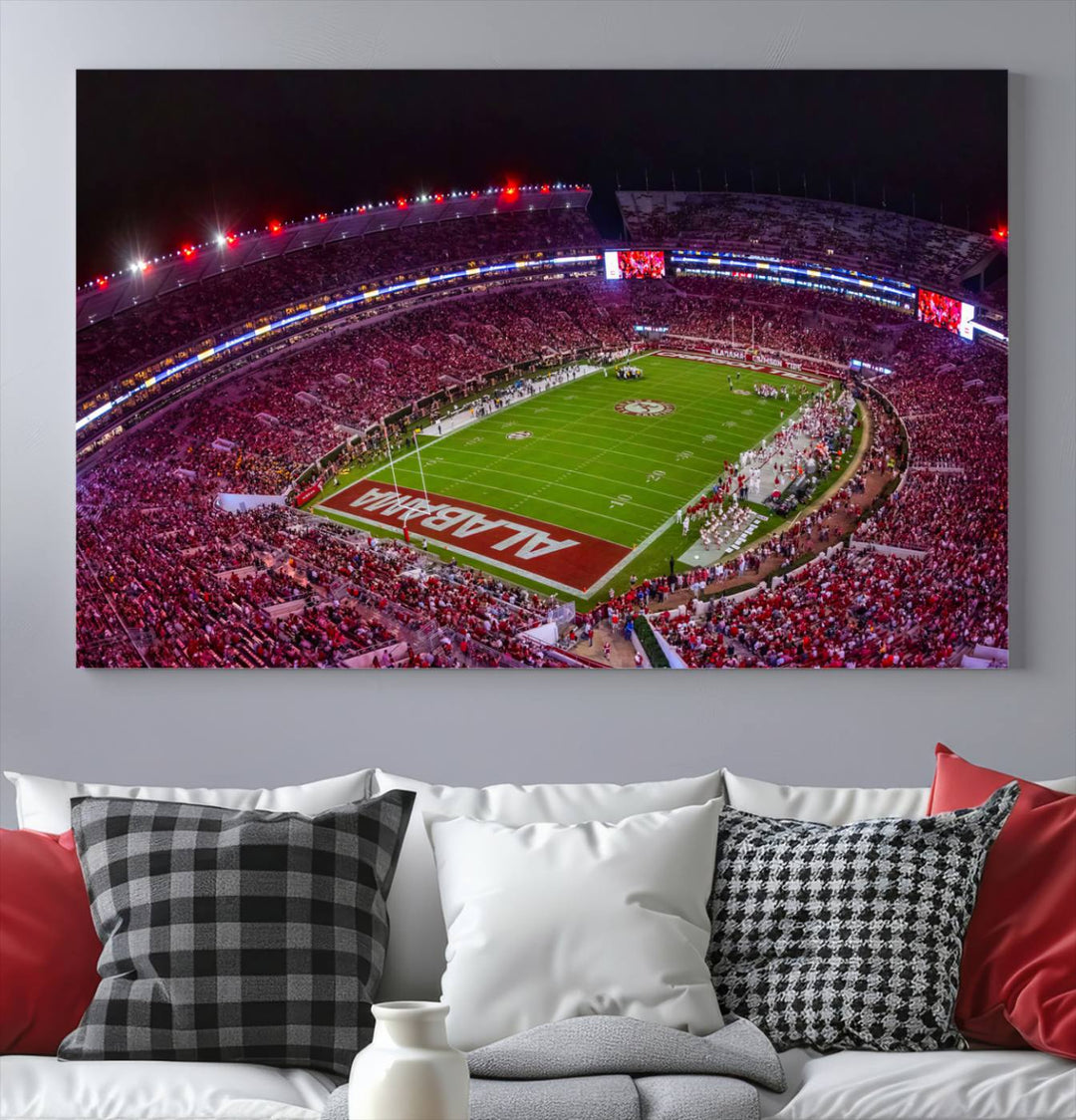 A stunning triptych canvas wall art of the Bryant-Denny Stadium Night Game perfectly captures the energy and excitement of an Alabama Crimson Tide football match at night.