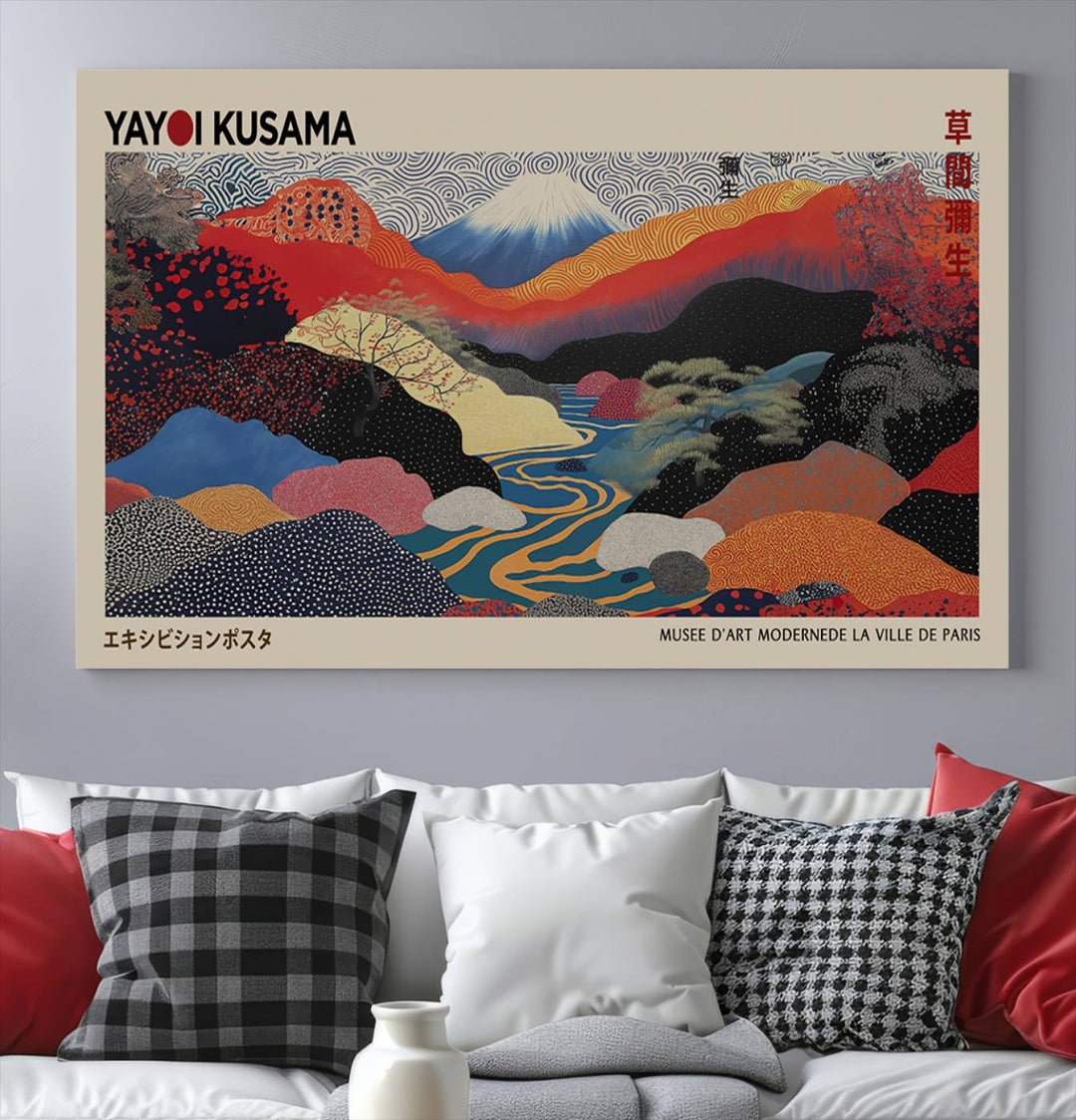 The room showcases Kusamas 1986 vibrant abstract landscape wall art print.