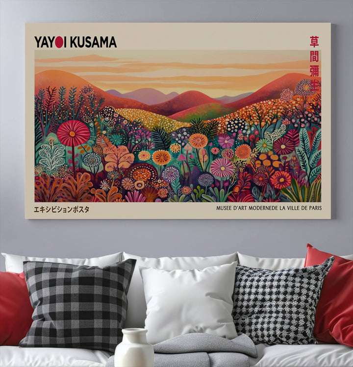 A framed Yayoi Kusama abstract landscape art print adorns the wall.