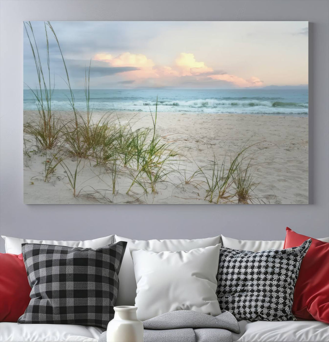 Flight Over Coastal Beach print on UV canvas displayed against white walls.