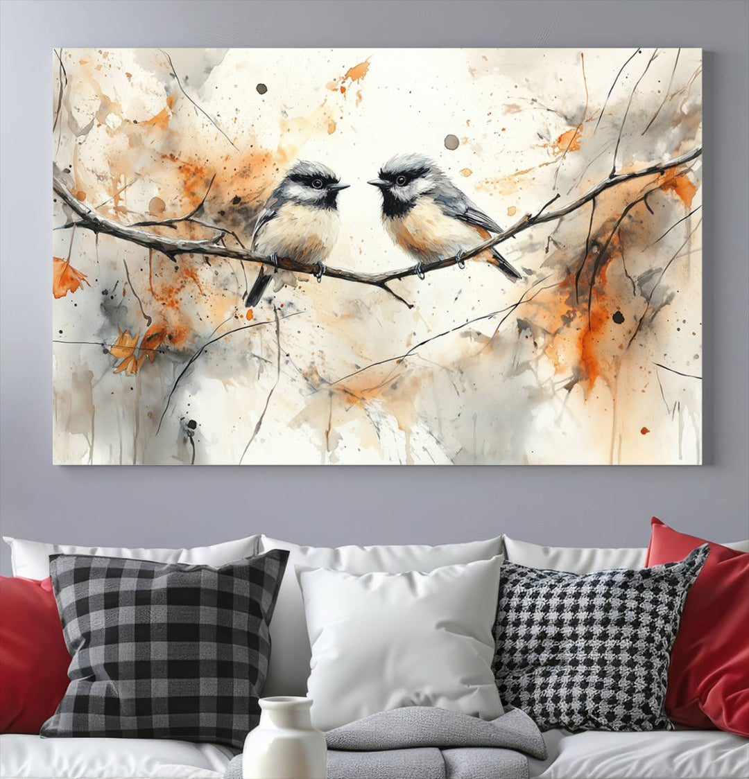 Abstract Watercolor Chickadee Bird Canvas Wall Art Print - Large Bird and Branch Wall Art, Modern Wildlife Wall Decor