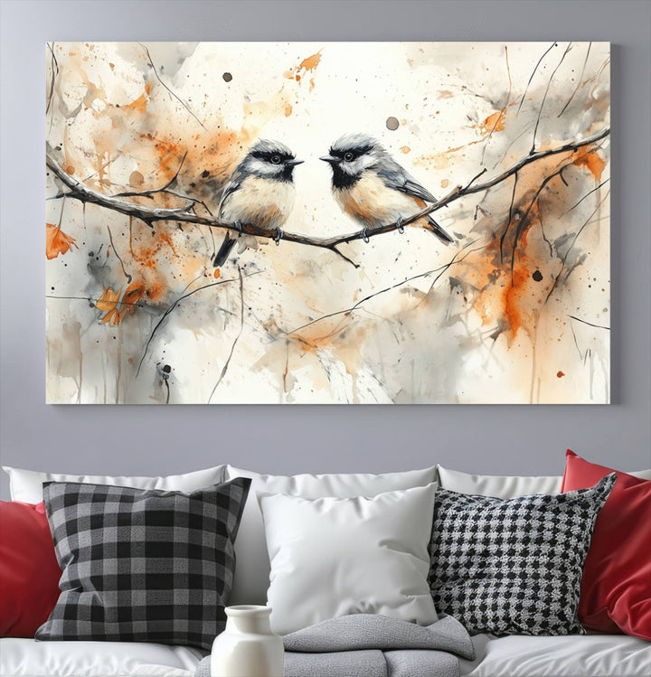 Abstract Watercolor Chickadee Bird Canvas Wall Art Print - Large Bird and Branch Wall Art, Modern Wildlife Wall Decor