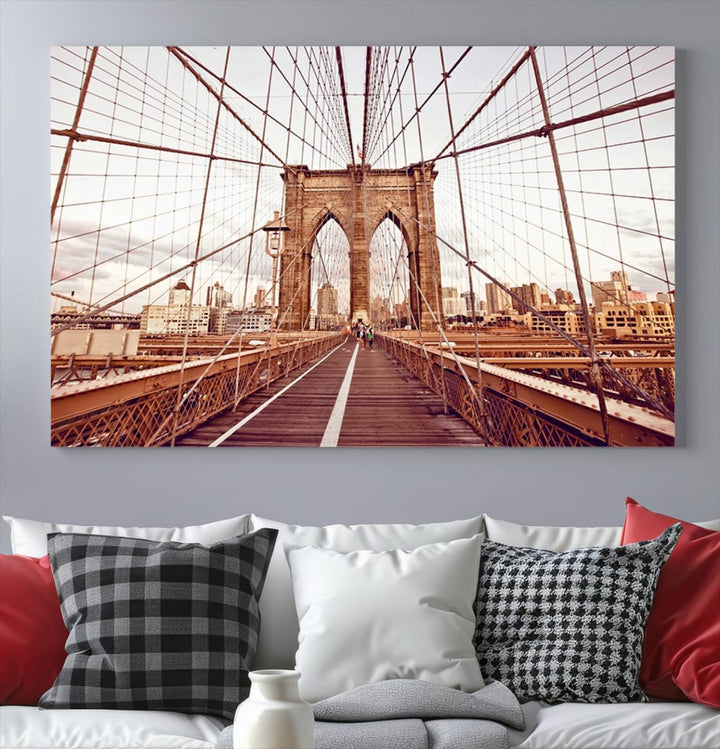 The three-panel "Wall Art New York Manhattan Cityscape Canvas Print" of the Brooklyn Bridge makes an ideal addition to minimalist interiors, capturing the essence of abstract expressionism.