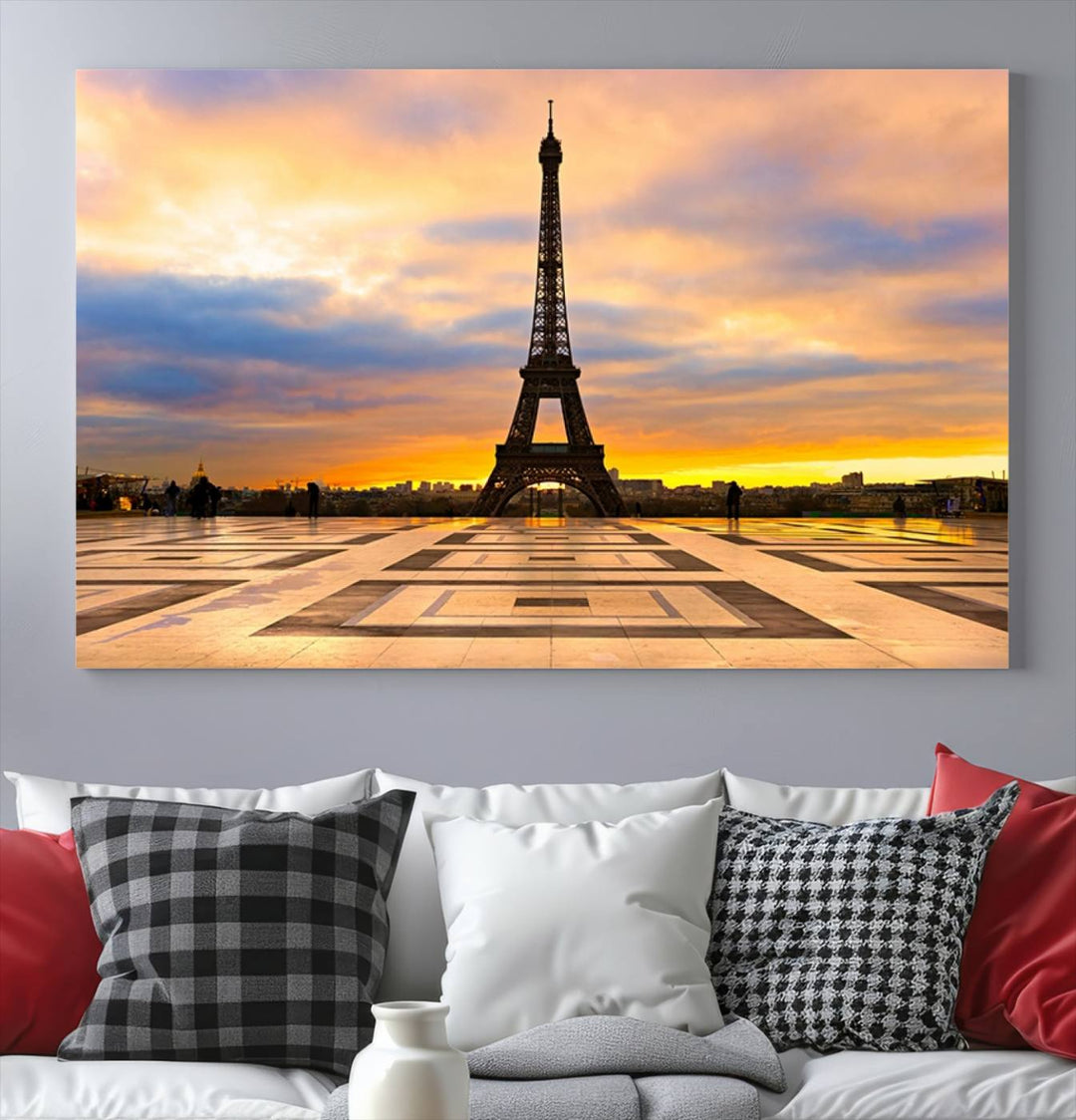 The "Paris Eiffel Tower Wall Art Canvas Prints" graces a wooden wall reminiscent of abstract expressionism.