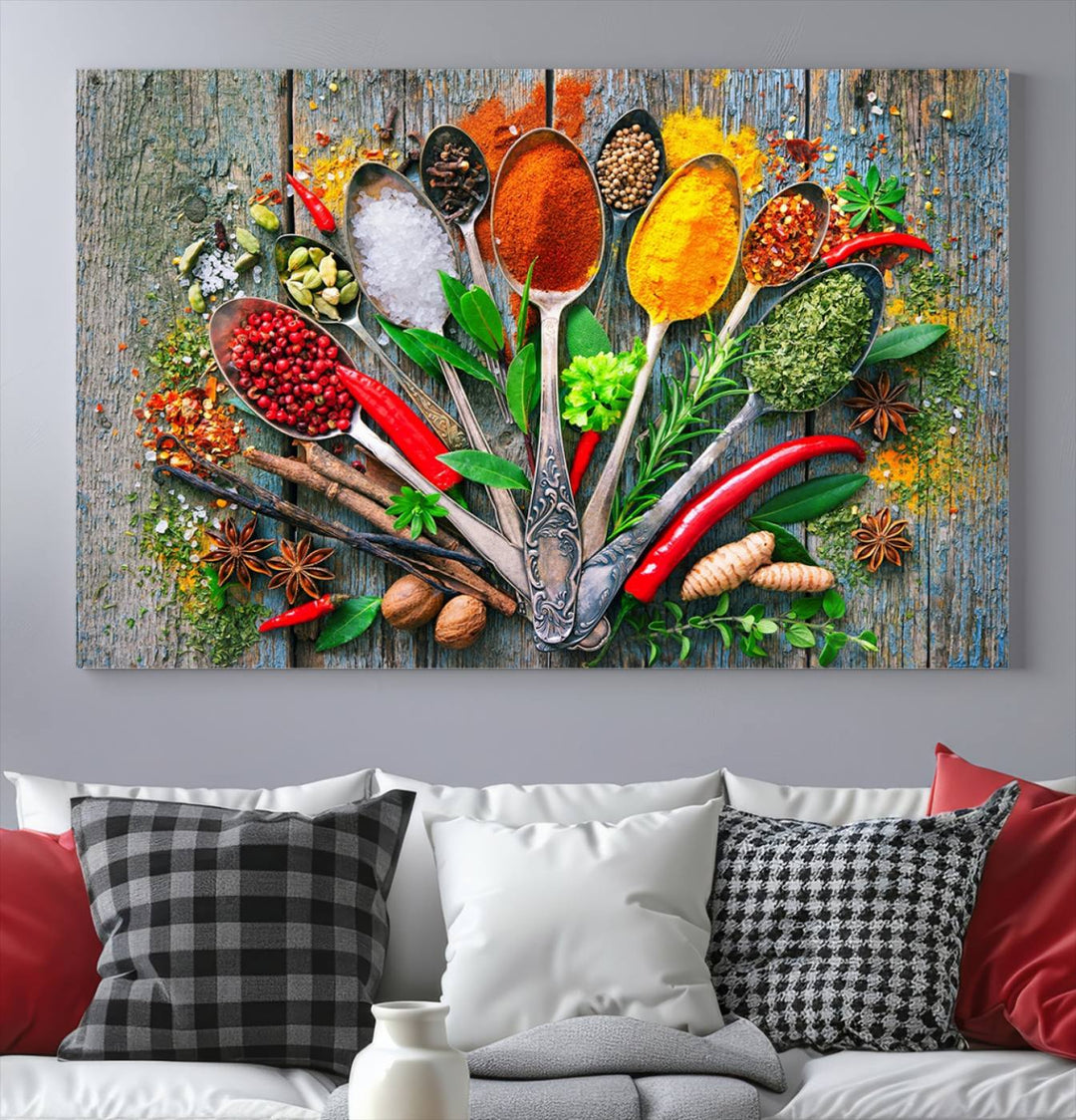 Vibrant Spoonful of Spices kitchen wall art canvas, a culinary triptych ideal for any dining room decor.