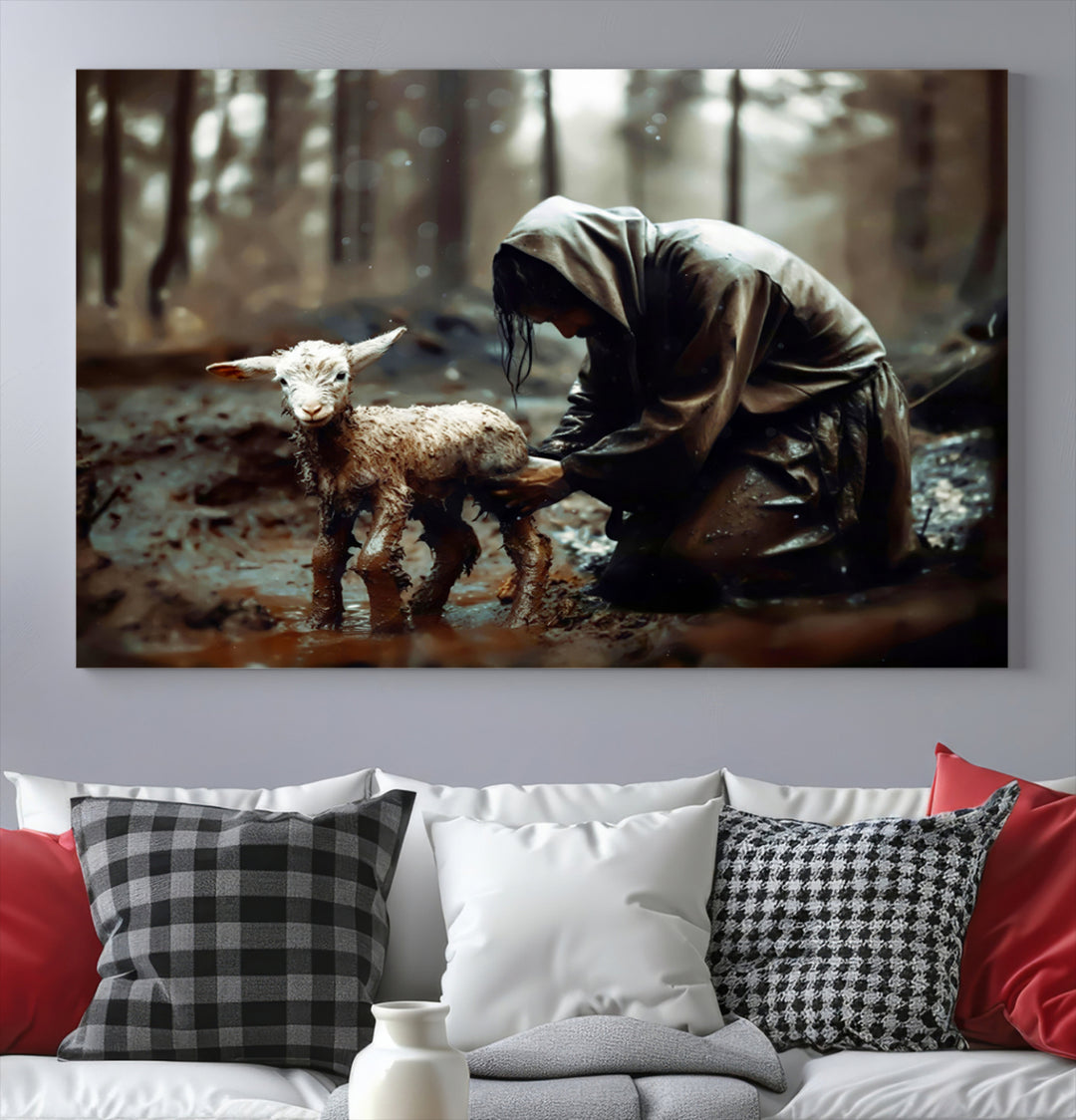 Jesus Lost Lamb Wall Art: A cloaked figure tends a lamb in a muddy forest.