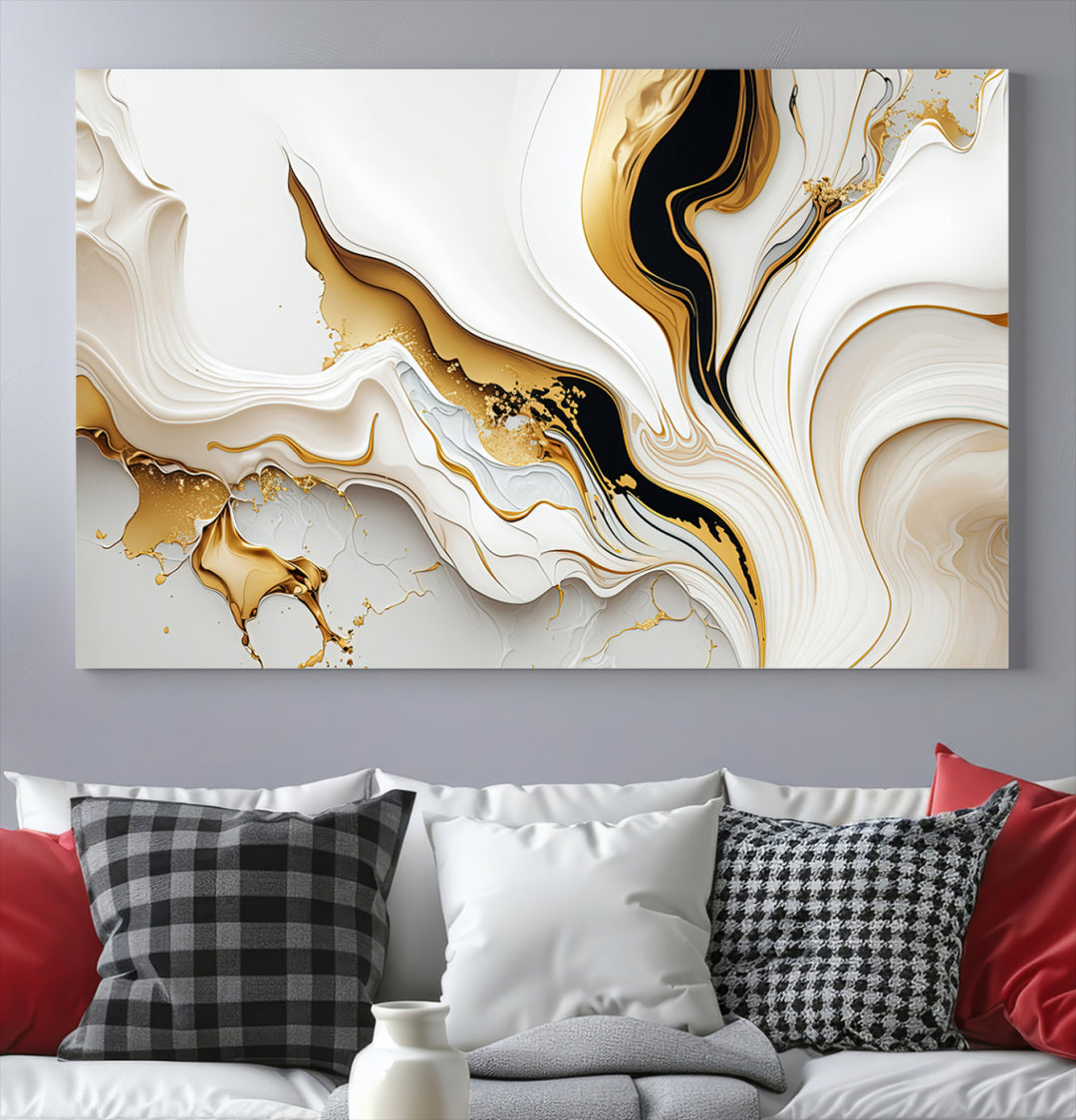 Modern interiors showcase Gold Waves on Pure White Canvas.