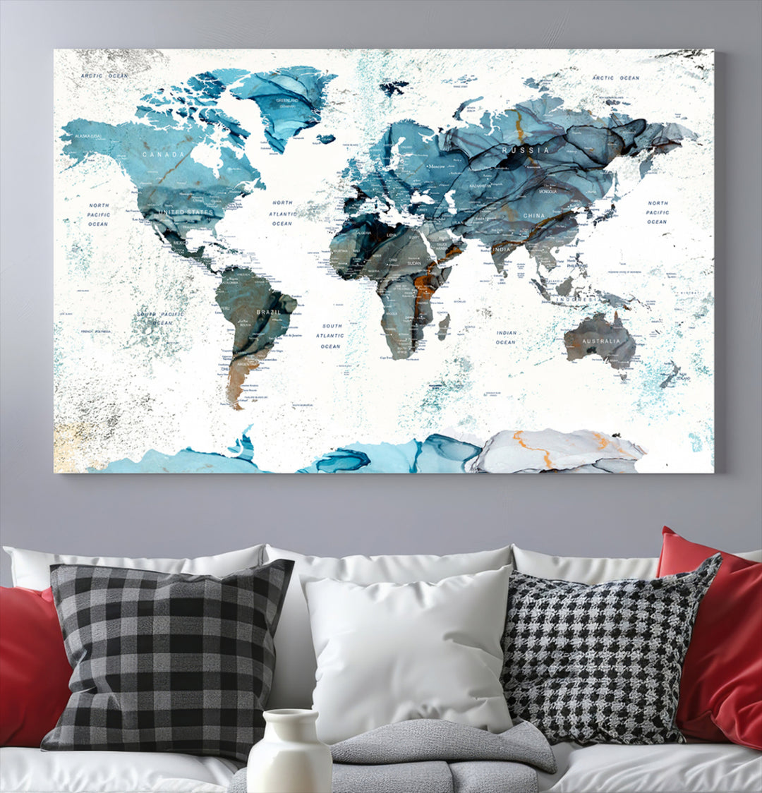 Push Pin World Map Wall Art Canvas Print adds a touch of elegance to the home decor.