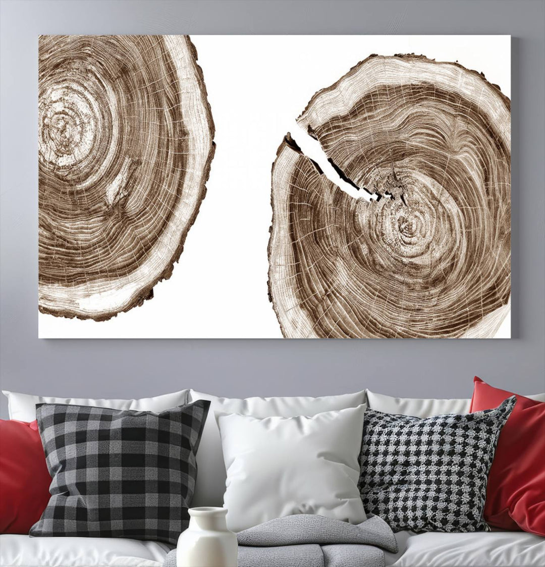 Wood Tree Ring Wall Art on a minimalist black and white canvas.