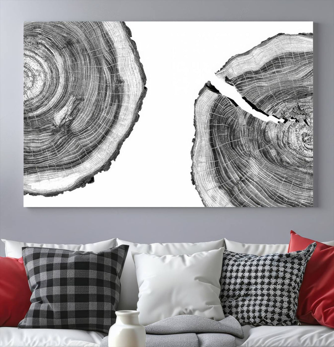 The minimalist art piece Abstract Large Tree Rings on canvas creates a striking focal point.