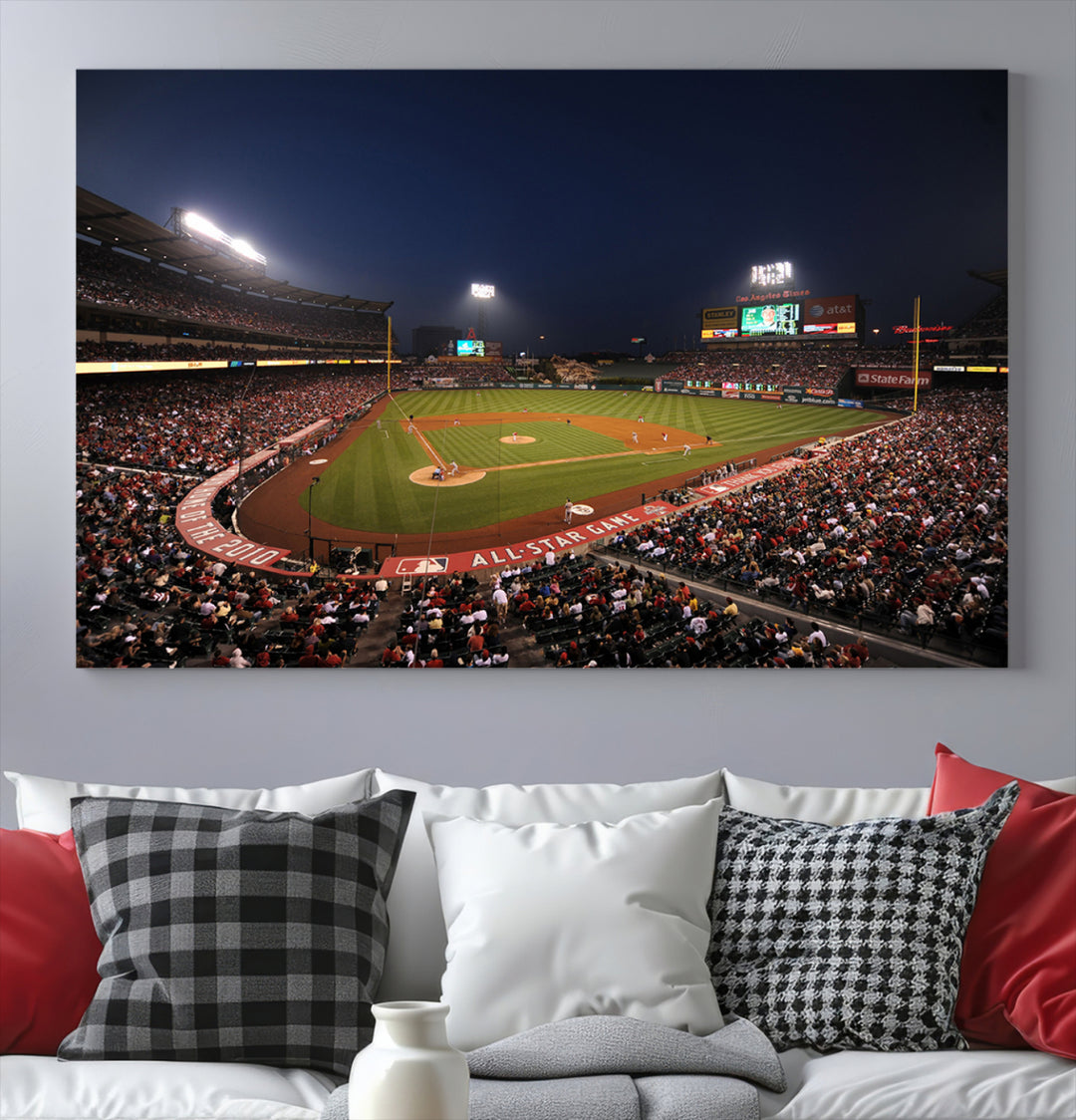 Aerial view of an LA Angels game at night, captured as stunning wall art on premium canvas, handmade in the USA.