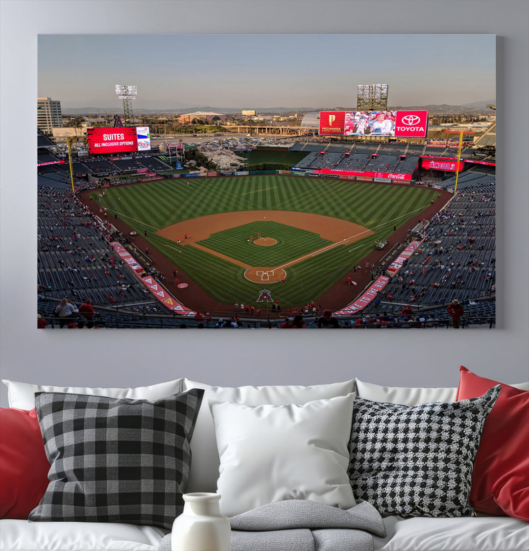 Aerial view of Angel Stadium, perfect as gallery-quality wall art - Los Angeles Angels Canvas Print.