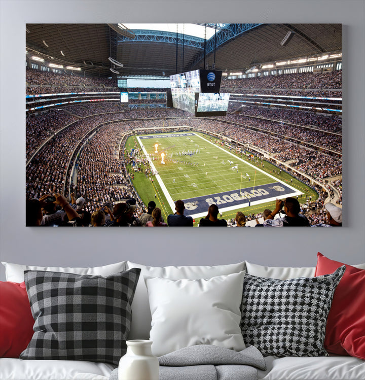 The wall art is a Dallas Cowboys AT&T Stadium Canvas Print, showcasing the iconic logo.