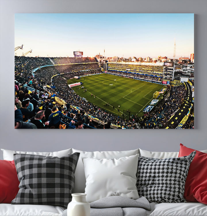 The wall art canvas print vividly captures the dynamic soccer culture at Bombonera Stadium with its vibrant depiction.