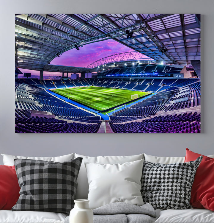 The FC Porto Soccer Team Dragon Stadium Wall Art Canvas Print decorates the room.